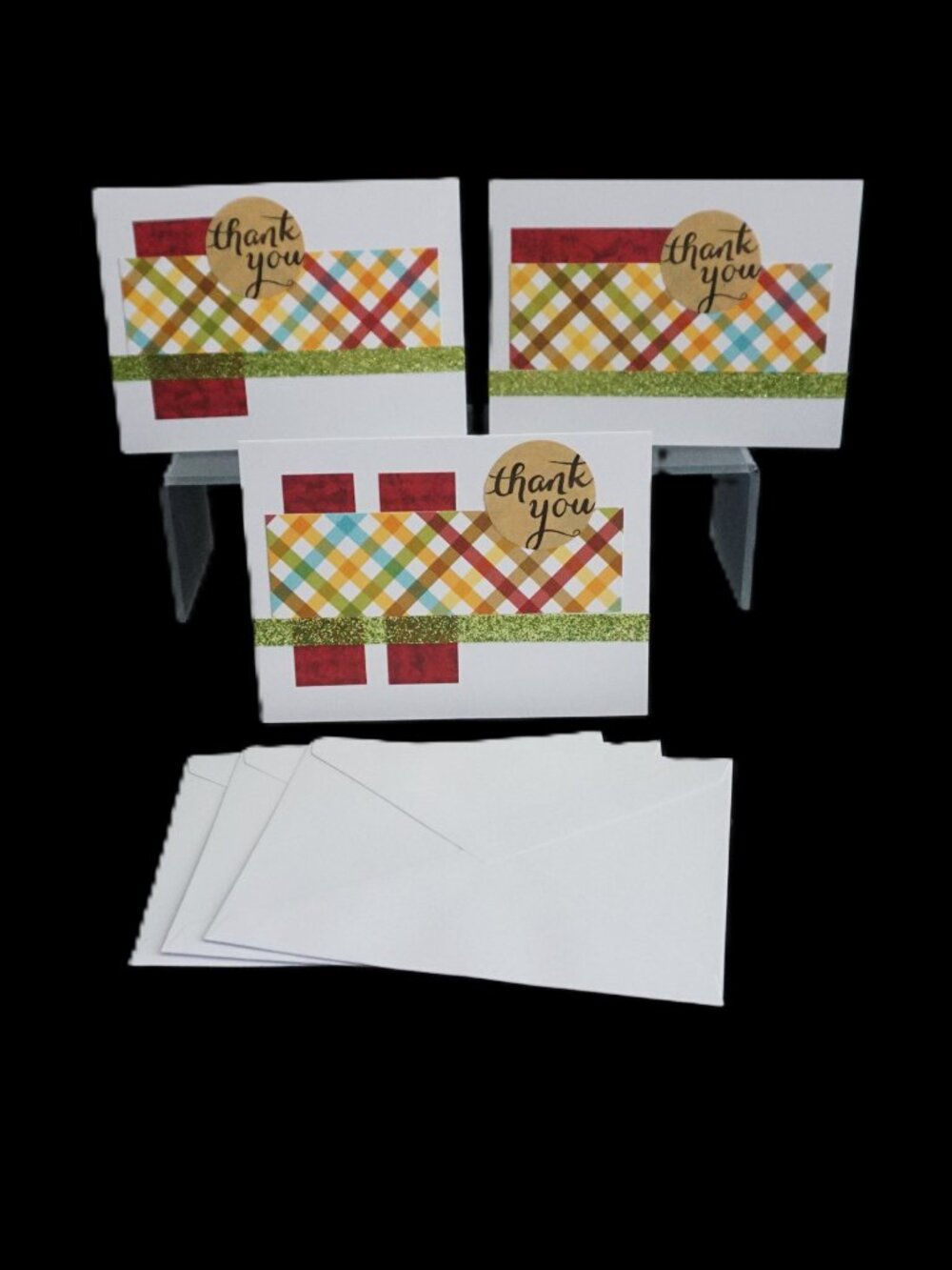 Set of 3 Handmade Thank You Note Cards Plaid with Red and Glitter Ribbon